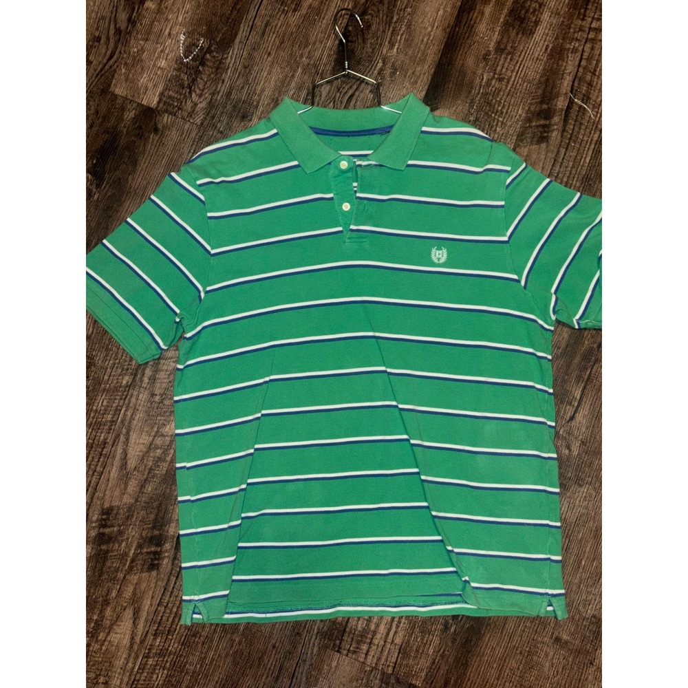 Chaps Mens Green Striped Short Sleeve Pique Polo Shirt Crest Logo Size XL
